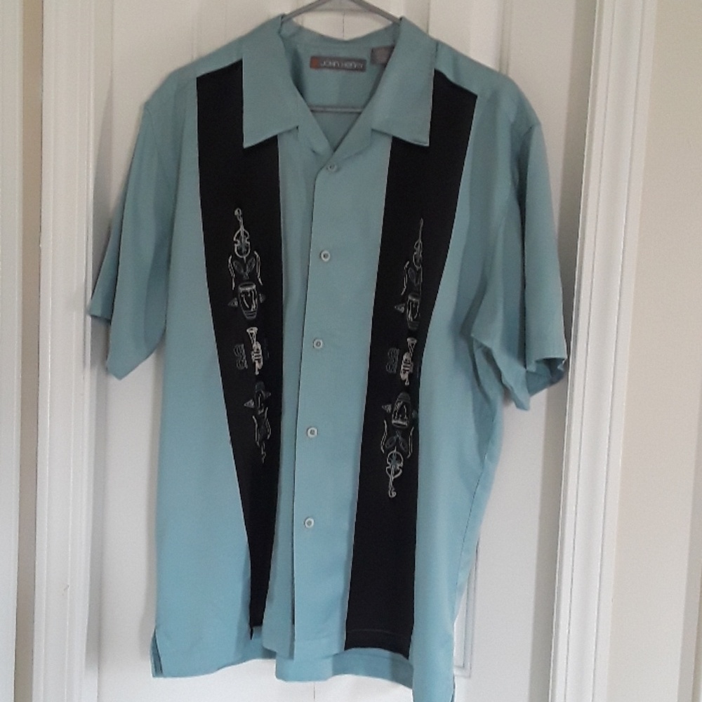John Henry Light Blue/Black Musical Cabana Shirt-L